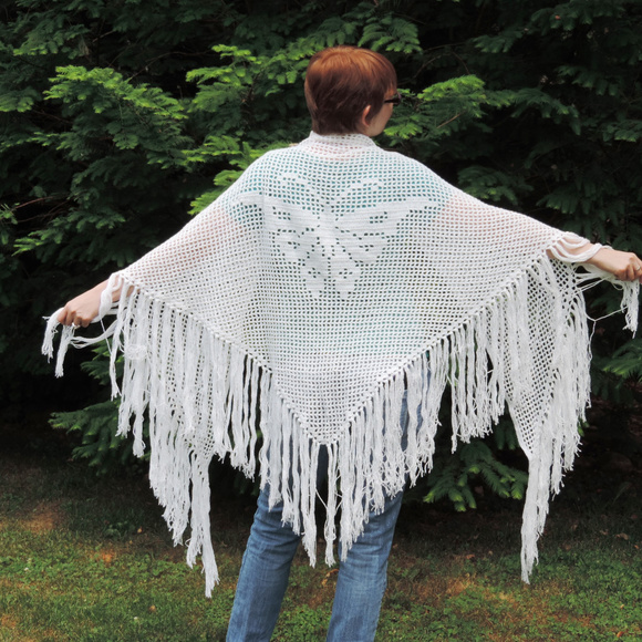Crocheted White Lace Butterfly Shawl - Picture 1 of 6